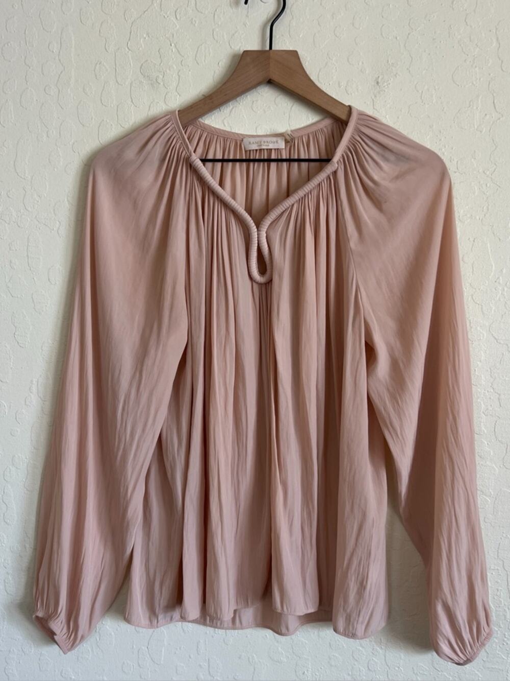 Ramy Brook Ruched Gathered Neck Long Sleeve Blouse Top XS Blush Pink Relaxed Fit